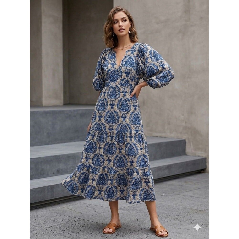 Anrabess Women's Blue and Beige Damask-patterned Maxi Dress Size Large NWT